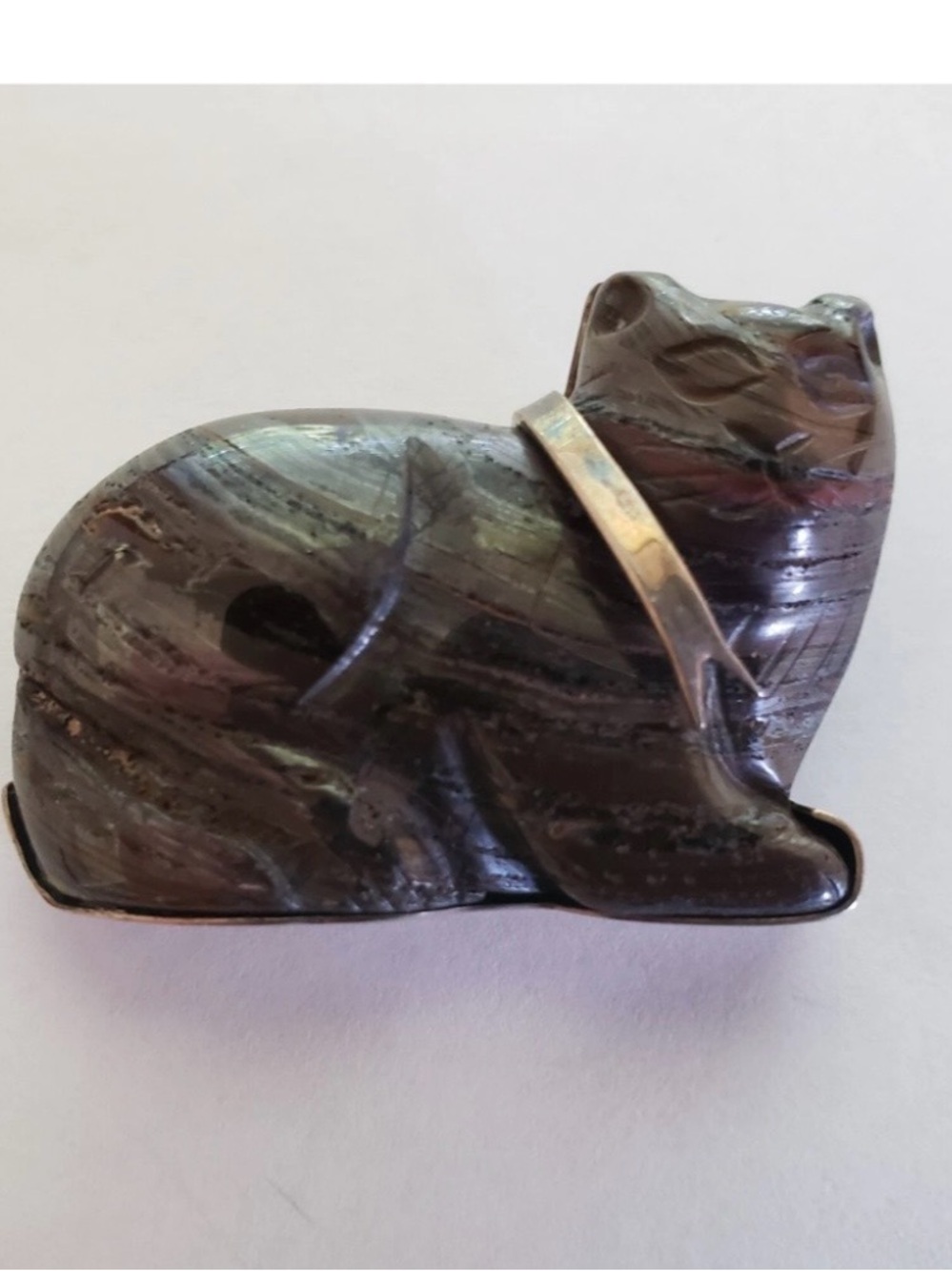 VTG STERLING & Carved brown obsidian Cat Brooch signed